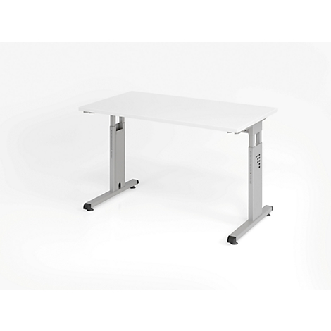 White, height-adjustable desk on a white background.