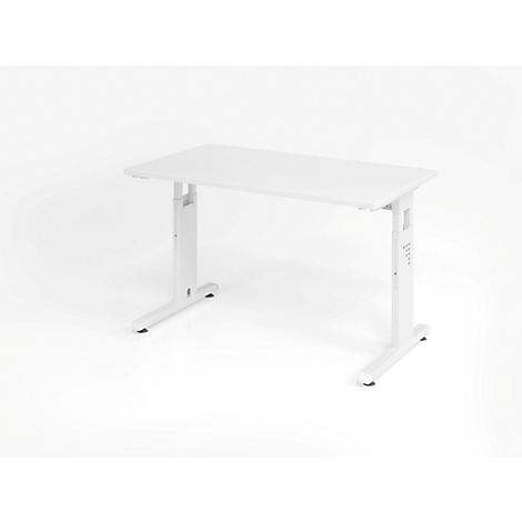 A white height-adjustable desk against a white background.