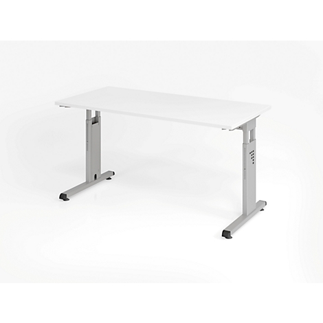 A white height-adjustable desk against a white background.