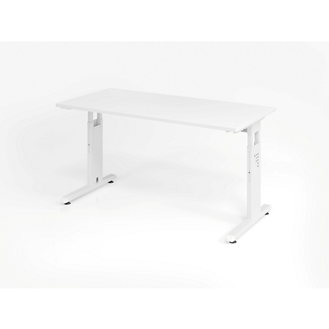 White desk on a bright background. The furniture is height adjustable.