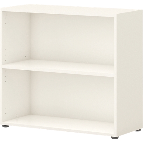 Cream-colored bookshelf with two compartments. Black feet.