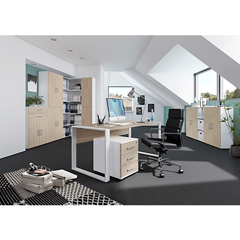 Modern office setup with desk, office chair, cabinets, and shelves. Windows in the background.