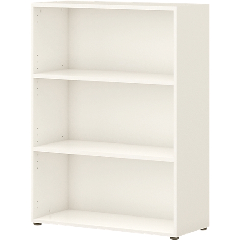 Cream-colored bookshelf with three shelves. Back and sides are closed.