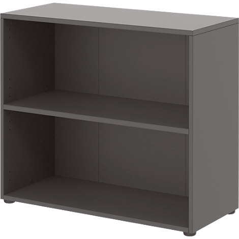 Dark grey bookcase with two compartments, standing on a light floor.