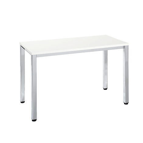 White table with silver legs against a white background.