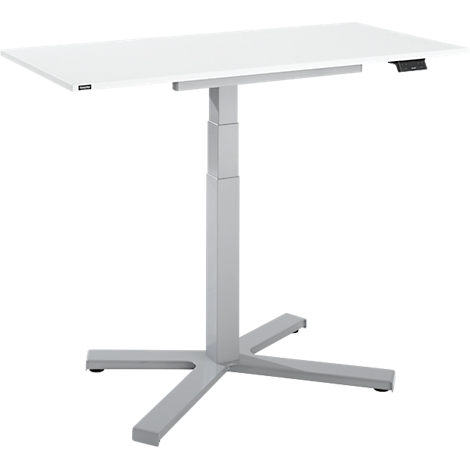 A white, height-adjustable desk, in front of a white background. Control panel on the right.