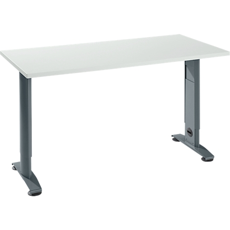 A white office desk on grey-metallic legs, the tabletop is rectangular.