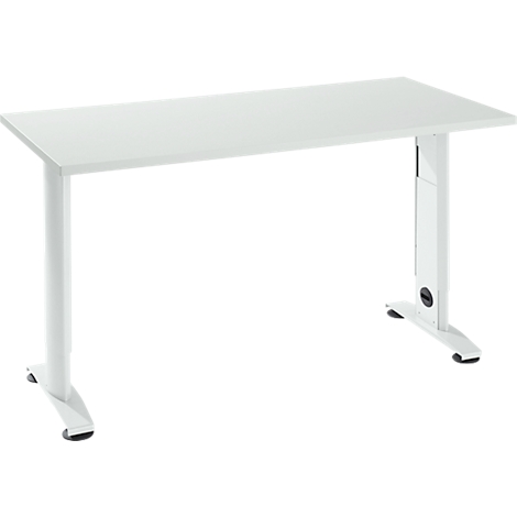 A white, rectangular desk with height-adjustable legs. The desk stands against a white background.