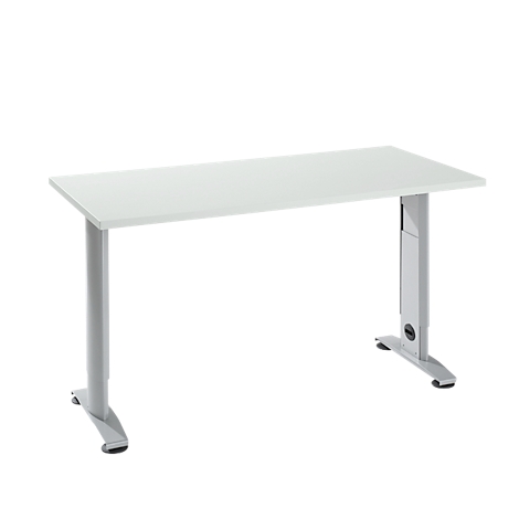 A white desk with a gray frame, on a white background.