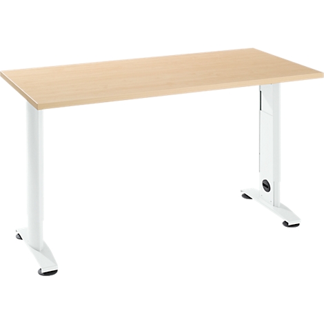 A light-colored desk with light wood and white legs on a white background.