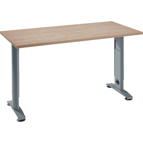 Beige desk with grey legs. The table is rectangular and stands on two height-adjustable columns.