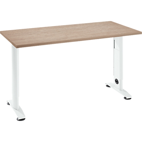 A height-adjustable desk with a brown tabletop and white legs. The background is white.