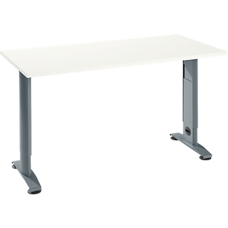 White, rectangular desk with an anthracite-colored, height-adjustable frame.