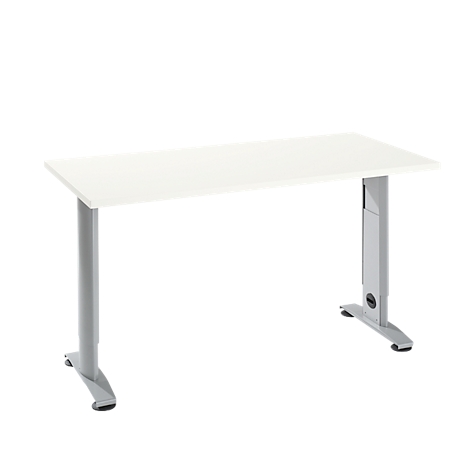 A white desk with a rectangular tabletop and gray, height-adjustable legs on a white background.