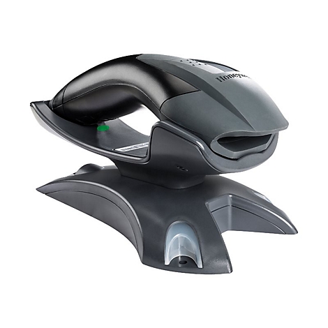 Un lecteur de code-barres Honeywell gris sur une base noire. La poignée est noire et la tête grise.
