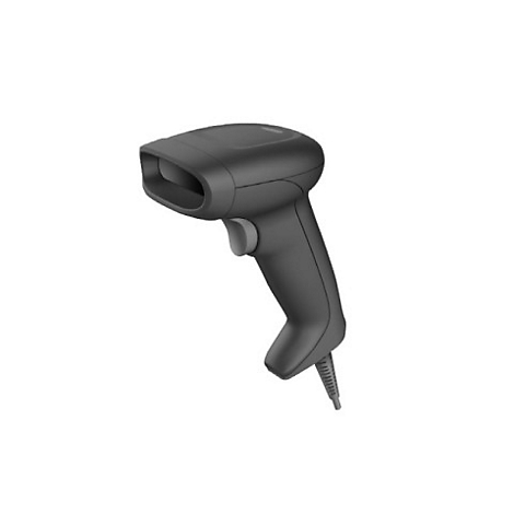 Ein schwarzer Barcodescanner, der auf weißem Hintergrund schwebt. Er hat einen Griff, einen Auslöser und ein Kabel.