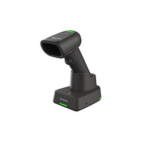 Scanner de code-barres noir avec des accents verts, placé sur une station de charge.