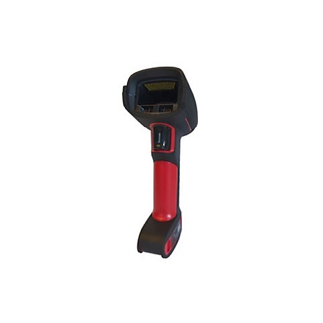 Scanner de codes-barres portable en noir et rouge sur fond blanc.