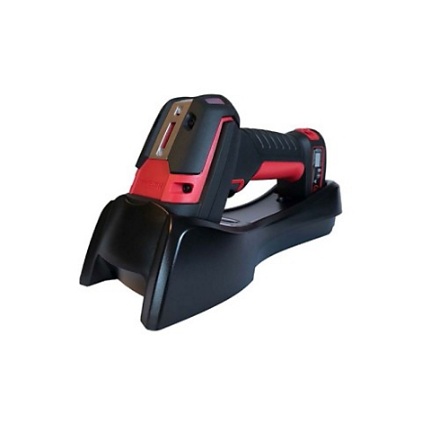 Ein kabelloser Barcode-Scanner in Schwarz und Rot steht in einer schwarzen Ladestation. Das Honeywell-Logo ist deutlich sichtbar.