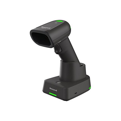 Scanner de codes-barres noir avec station de charge. Lumières vertes en haut et en bas.