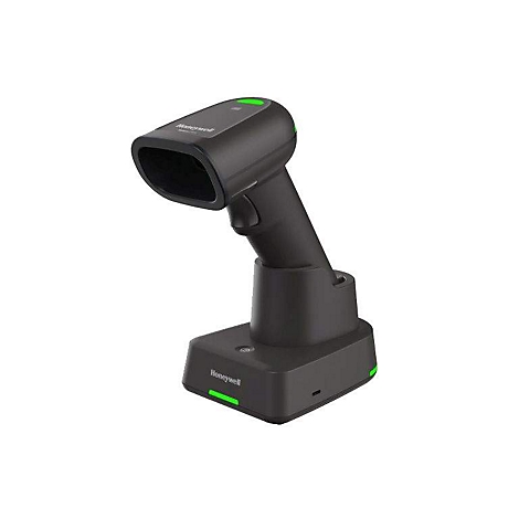 Scanner de codes-barres sans fil noir Honeywell avec socle de charge et témoin lumineux vert.