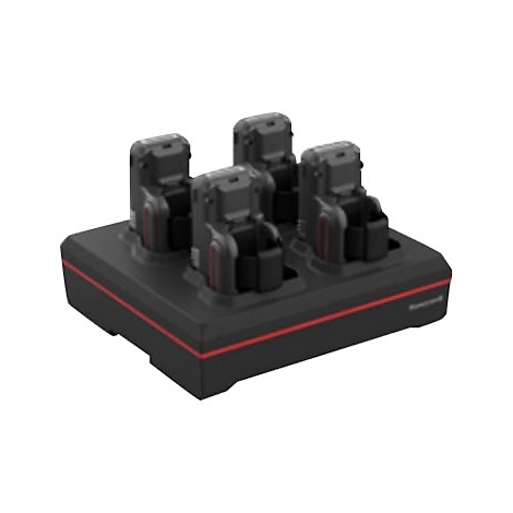 Station de recharge noir avec quatre appareils. Garniture rouge, logo Honeywell.