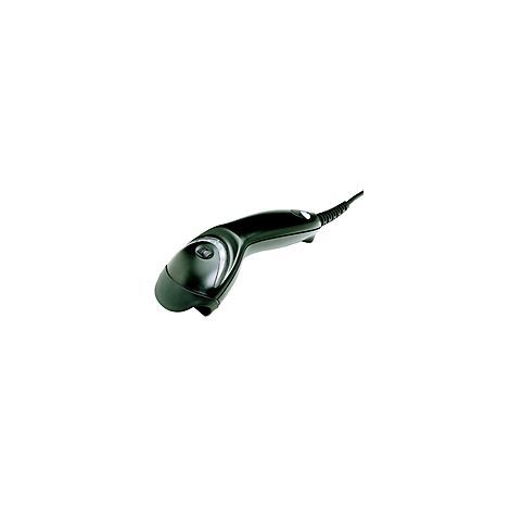 Schwarzer Barcode-Scanner mit Kabel auf weißem Grund.