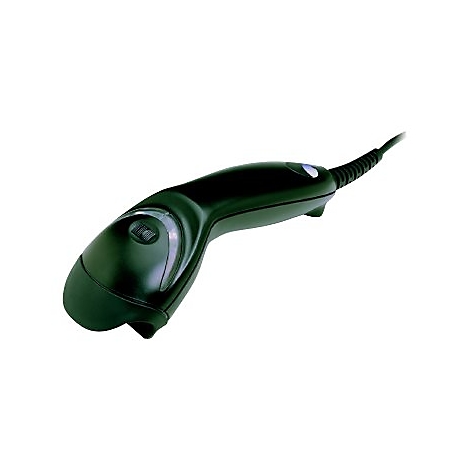 Schwarzer Barcode-Scanner mit Kabel, auf weißem Hintergrund.