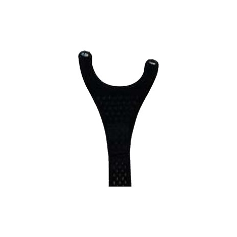 Outil de fil dentaire noir en forme de Y. Le manche est légèrement texturé, les extrémités ont un renfoncement.