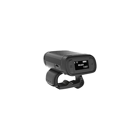 Schwarzes Wearable mit Display und Aufdrucken. Akkuanzeige und 'Ready' stehen auf dem Display.