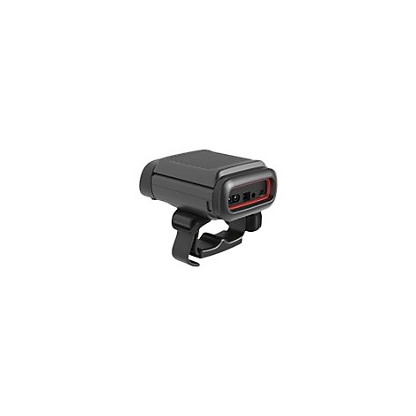 Schwarzer Barcode-Scanner mit rotem Akzent an einem Handgelenkband, vor weißem Hintergrund.