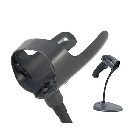 Grauer Barcode-Scanner und Halterung, auf weißem Hintergrund.