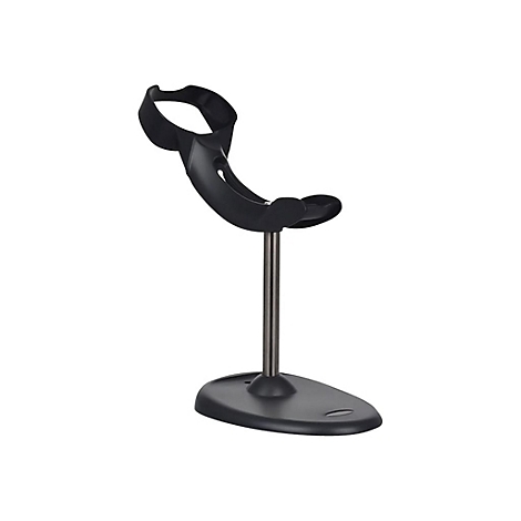 Schwarze Scanner-Halterung, bestehend aus einem ovalen Sockel, einer grauen Stange und einer geschwungenen Halterung.