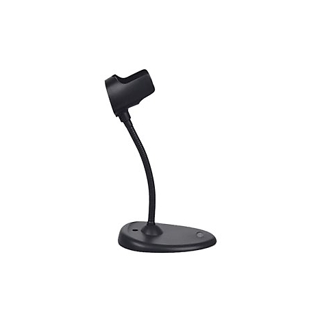 Schwarzer Barcode-Scanner mit gebogenem Hals und ovalem Standfuß, vor weißem Hintergrund.