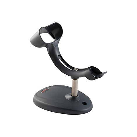Schwarze Scanner-Halterung, Standfuß mit Metallstange und Ablage für den Scanner.