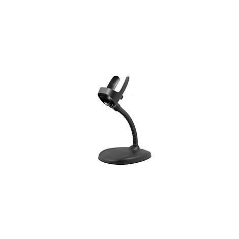 Schwarzer Barcode-Scanner mit flexibler Halterung und runder Basis.