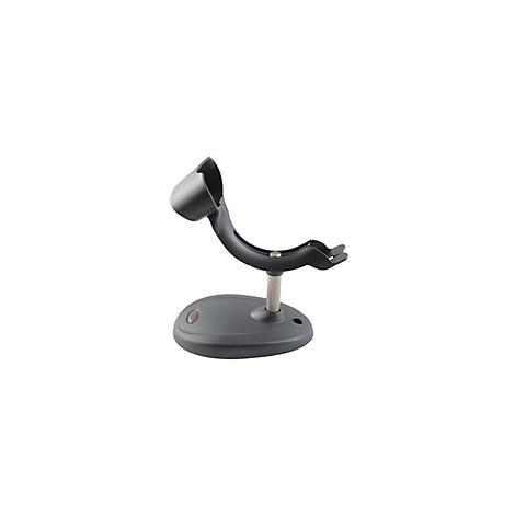 Ein schwarzer Scanner-Halter mit ovalem Fuß und gebogenem Arm, auf dem ein Scanner abgelegt werden kann.