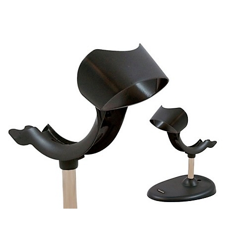 Zwei schwarze Barcode-Scanner-Halterungen vor weißem Hintergrund. Eine stehend, die andere auf einer Basis.