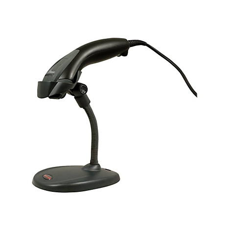 Schwarzer Barcodescanner mit Ständer. Der Scanner ist auf einem weißen Hintergrund abgebildet.