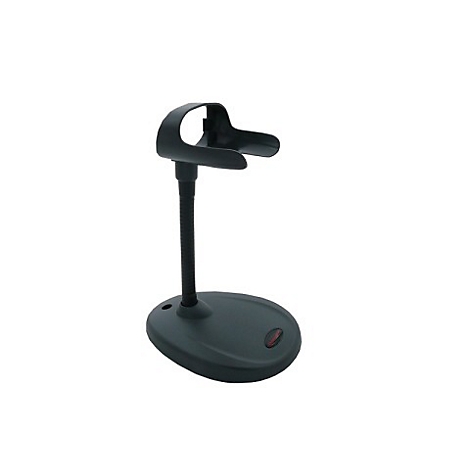 Ein schwarzer Scanner-Halter auf weißem Hintergrund. Er hat eine ovale Basis, einen flexiblen Hals und eine Halterung für den Scanner.