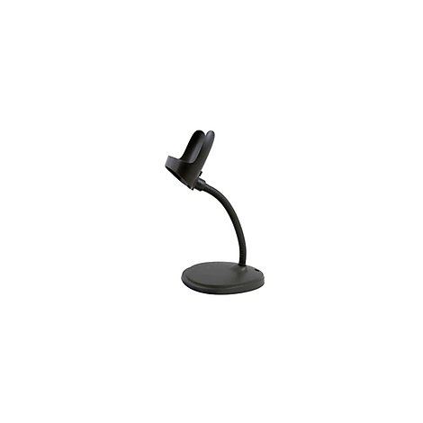 Ein schwarzer Barcode-Scanner-Ständer mit gebogenem Hals und runder Basis.