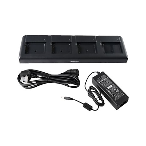 Schwarze Ladestation mit vier Schächten, Stromkabel und Netzteil.