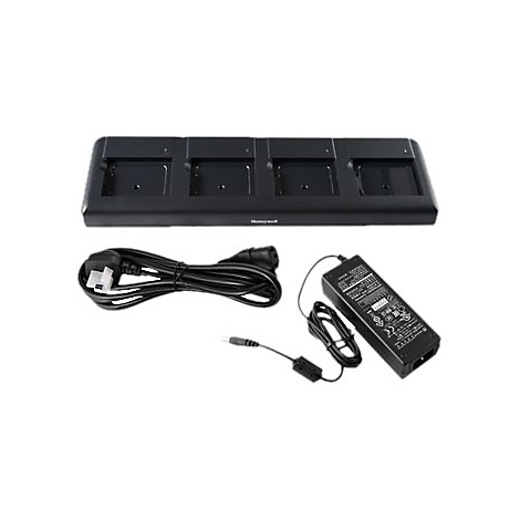 Schwarze Ladestation mit vier Steckplätzen, Netzkabel und Netzteil.