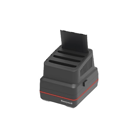 Schwarze Honeywell Ladestation mit geöffnetem Deckel. Das Gerät hat Steckplätze und eine rote Linie am Boden.