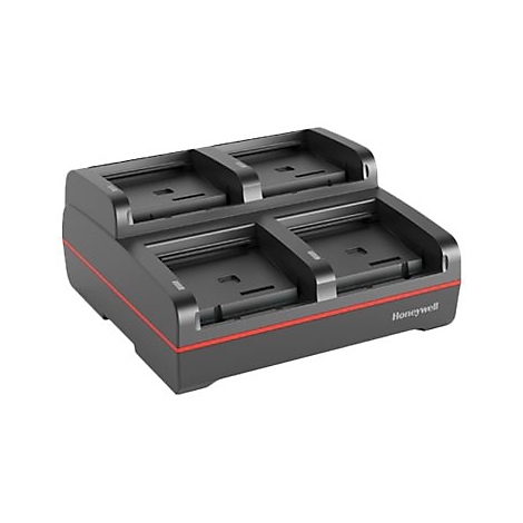 Schwarze Honeywell Ladestation mit roten Akzenten. Vier Ladeschächte für Geräte.