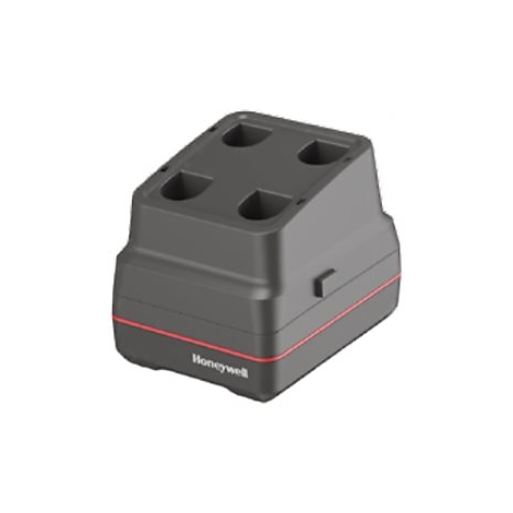 Schwarze Honeywell Ladestation für mehrere Geräte mit vier Steckplätzen vor weißem Hintergrund.