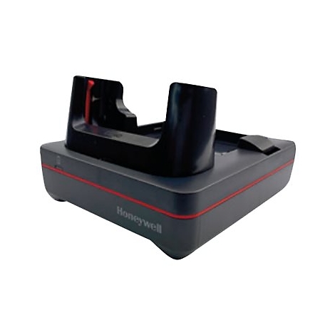 Dunkelgraue Ladestation mit roter Linie und Honeywell-Logo. Zwei schwarze Halterungen ragen aus der Basis.