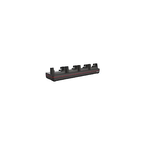 Station de charge noir avec quatre emplacements, garniture rouge, sur fond blanc.