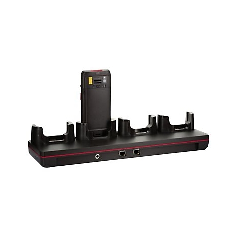 Schwarze Ladestation mit roter Linie, ein Handscanner steht darin. Buchsen und Anschlüsse an der Vorderseite.