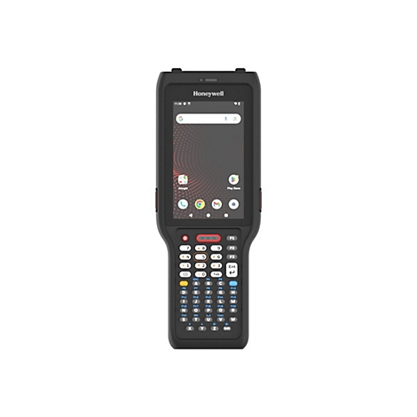 Ein schwarzes Honeywell Handheld-Gerät mit Tasten und Touchscreen. Auf dem Bildschirm sind Apps und eine Google-Suchleiste zu sehen.
